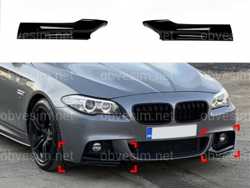 Клыки переднего бампера M performance BMW 5 series F10 F11 2010-2016 ABS пластик, цвет черный глянец