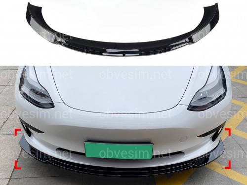 Юбка накладка переднего бампера Maxton Design для Tesla Model 3 2017-2024 ABS пластик, цвет черный глянец