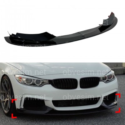 Спідниця переднього бампера M performance BMW 4 series F32 F33 F36 2013-2020 ABS пластик, чорний глянець